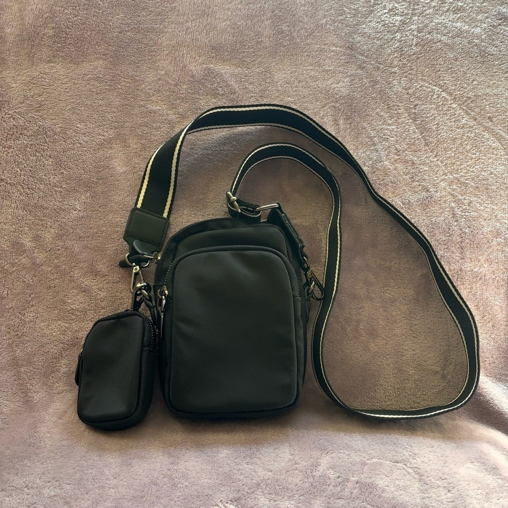 Chico's Black Nylon Crossbody Bag with Detachable Pouch and Striped Strap - Picture 5 of 11
